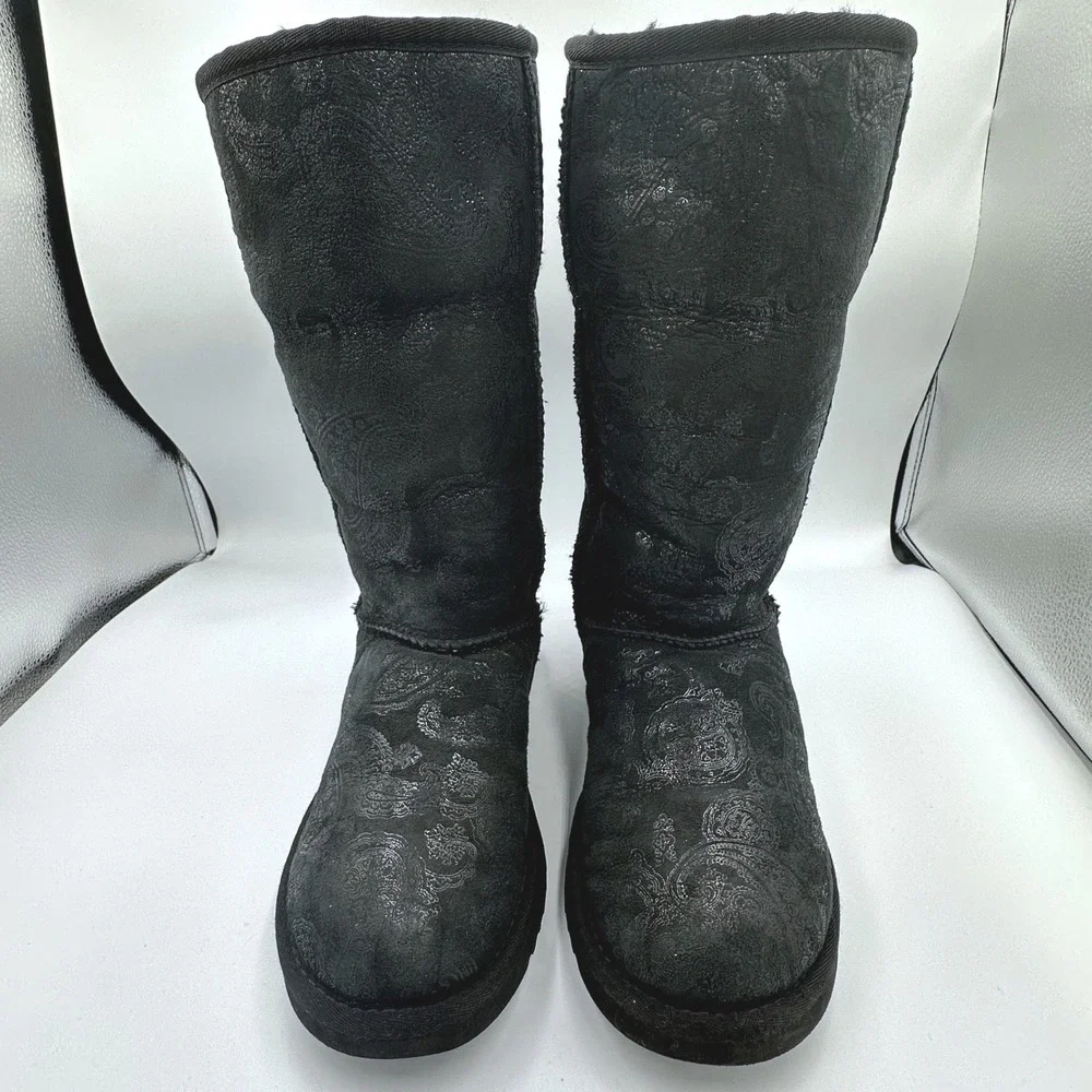 UGG Australia #5852 Black Paisley Classic Tall Metallic Plate Sheepskin Boots W6